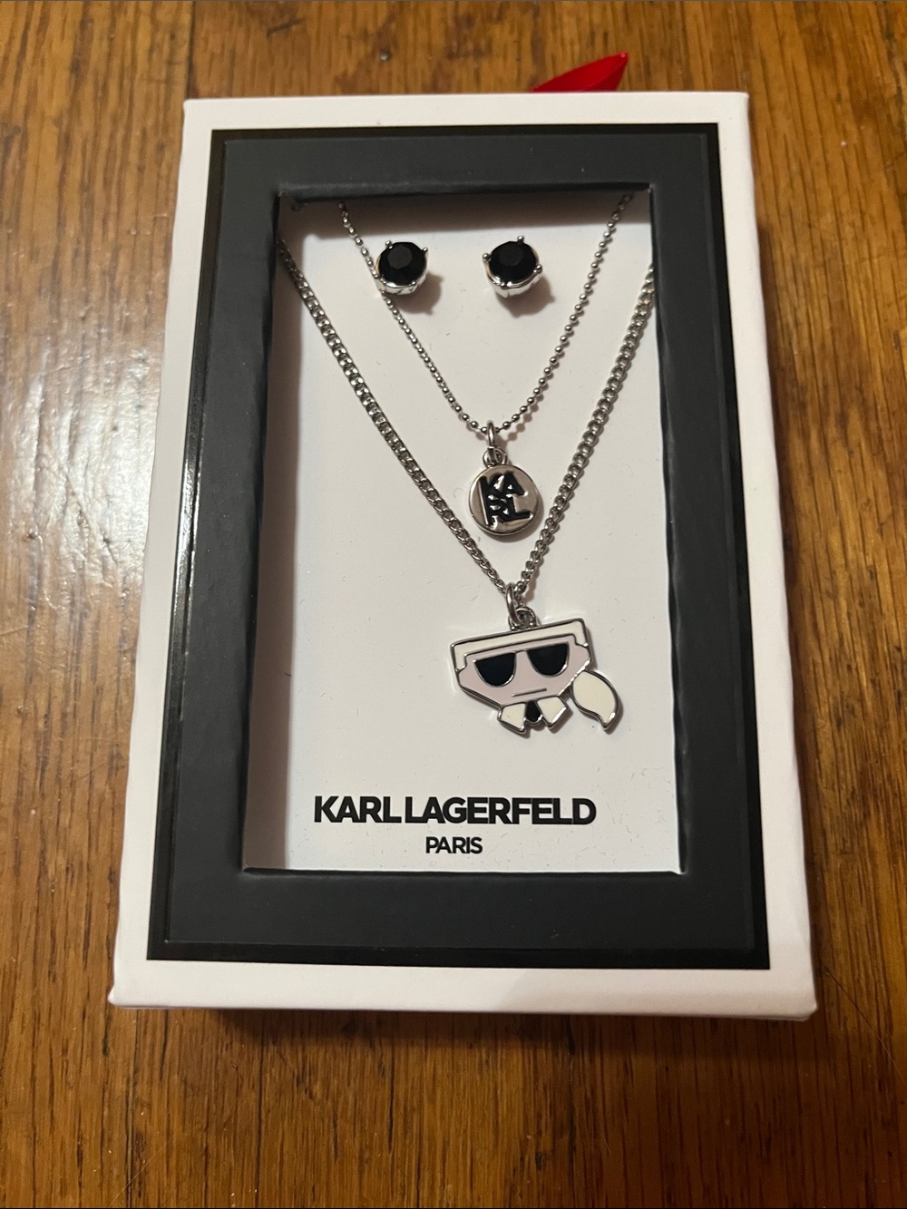 NWT Karl Lagerfeld 3 Piece Set Silver Necklaces and Black Enamel Stud Earrings - Picture 2 of 6